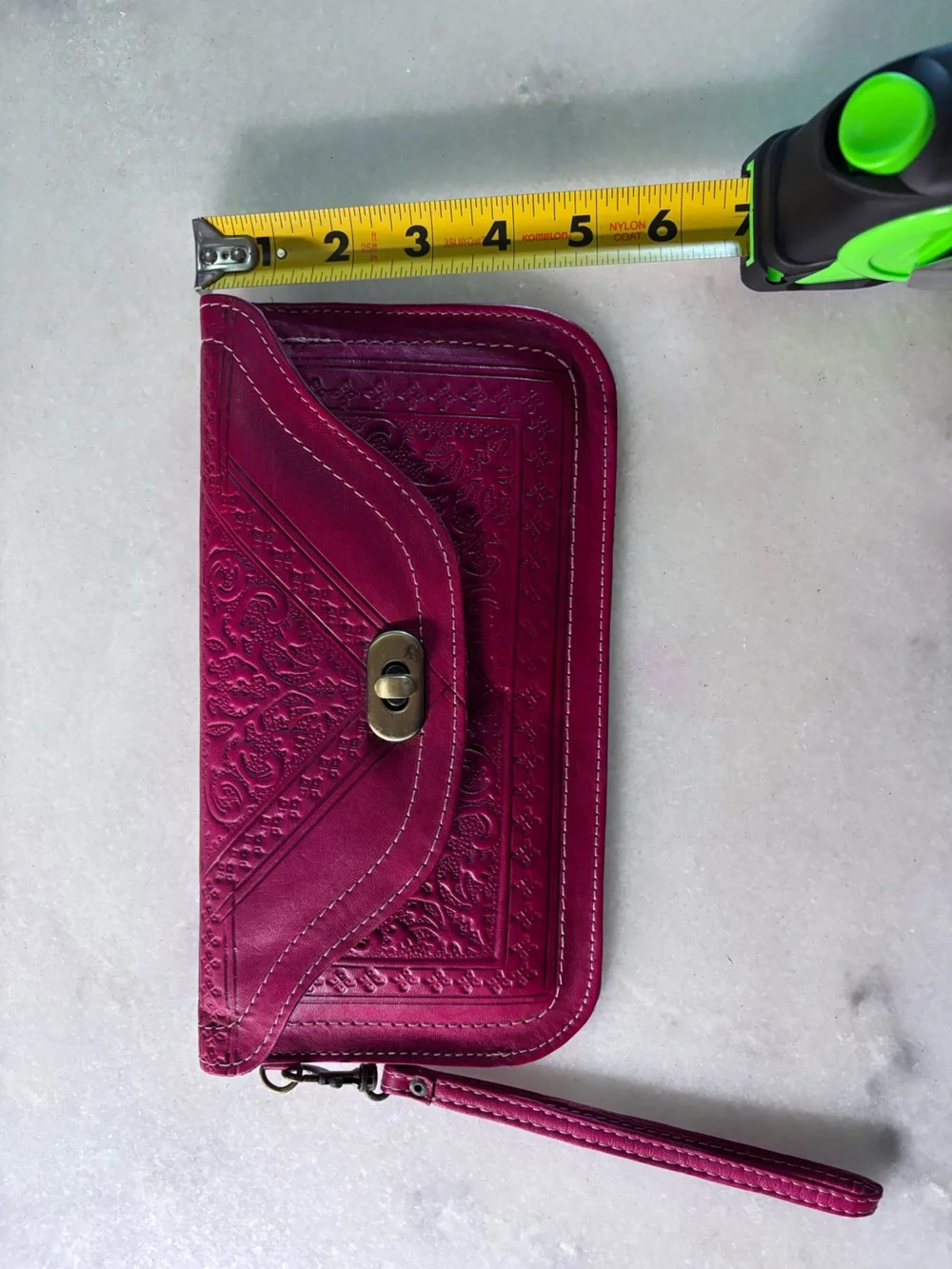 Authentic Moroccan Hand-Tooled Leather Clutch Wallet | Magenta Wristlet